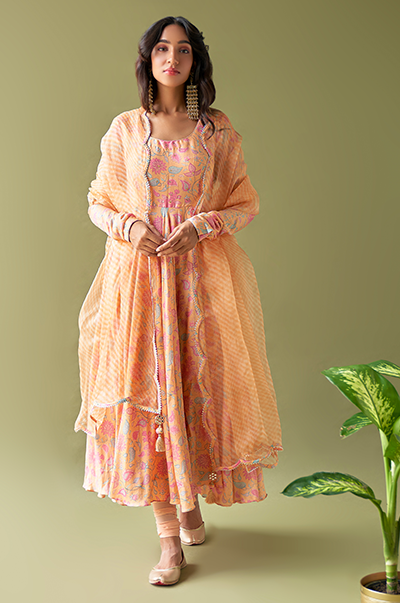 Ulfat Orange Floral Anarkali with chooridar and Organza Lehariya Dupatta- Set of 3 RTS