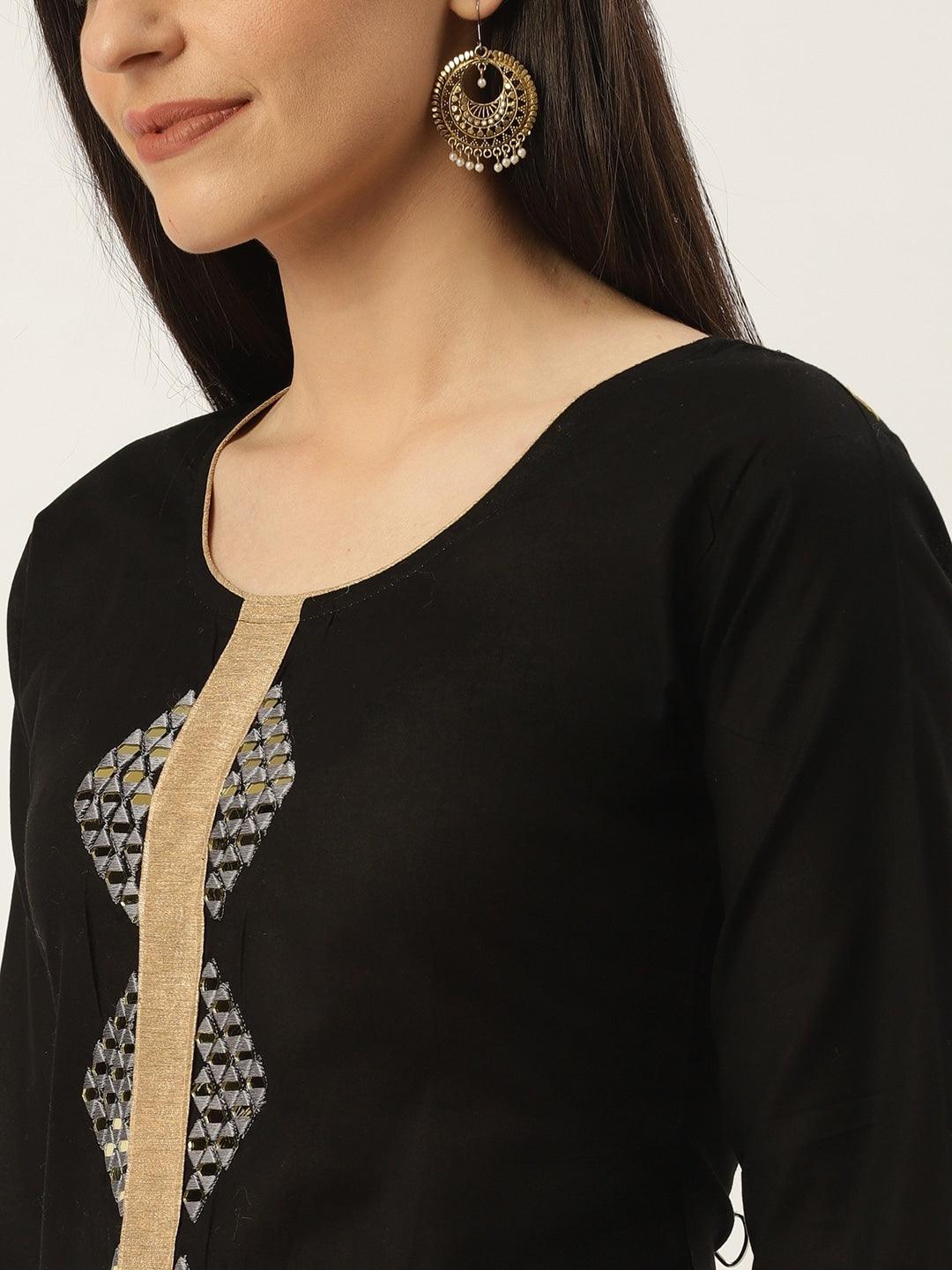 Women's Black & Golden Embroidered Detail Straight Kurta - Noz2Toz - Indiakreations