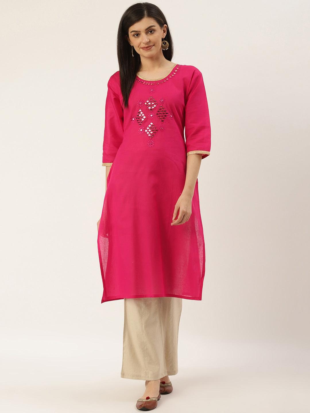 Women's Pink Yoke Design Straight Kurta - Noz2Toz - Indiakreations