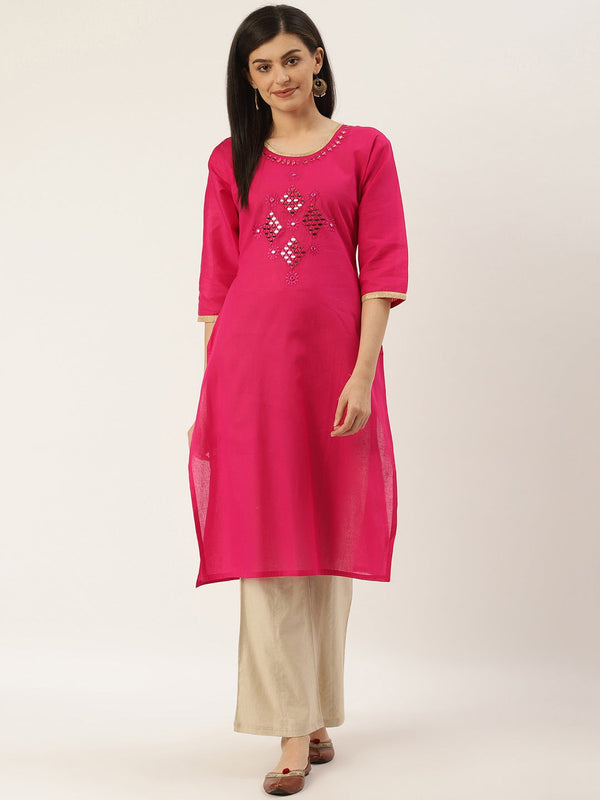 Women's Pink Yoke Design Straight Kurta - Noz2Toz