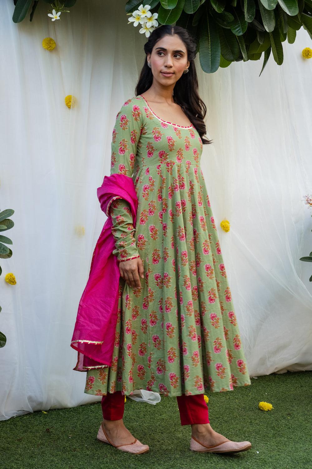 Mehfil Pista Green Anarkali Set - Indiakreations