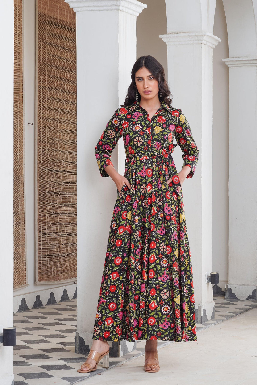 Black multicoloured shirt collar Maxi - Indiakreations