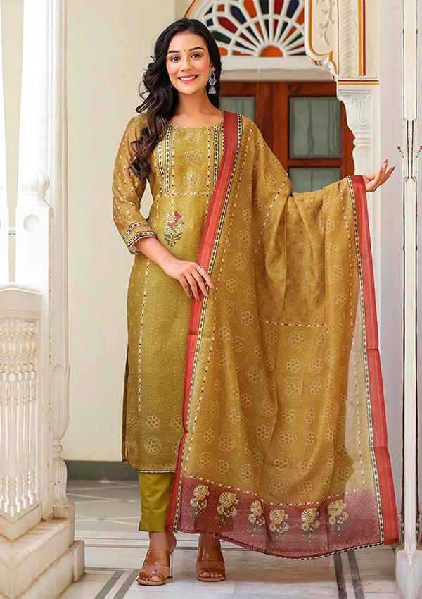 Green Lining Chanderi Suit Set - Indiakreations