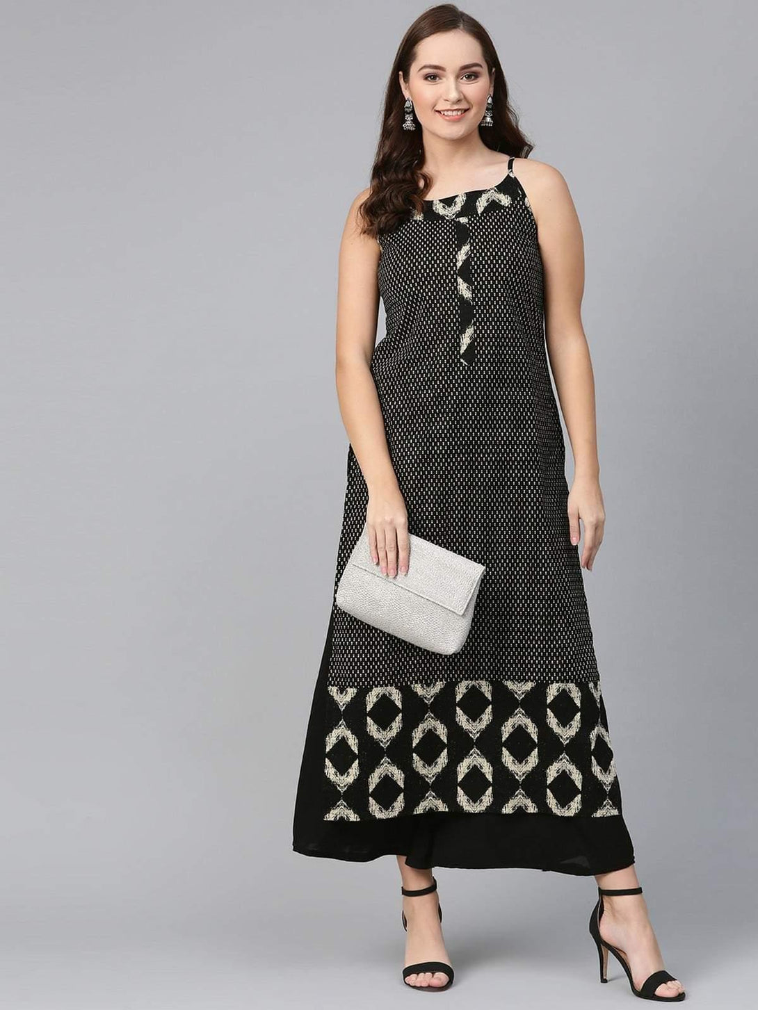 Women's Black Sleeveless Printed Long Kurta - Ready to Ship USA - Indiakreations