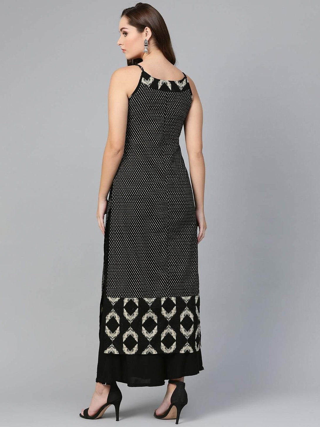 Women's Black Sleeveless Printed Long Kurta - Ready to Ship USA - Indiakreations