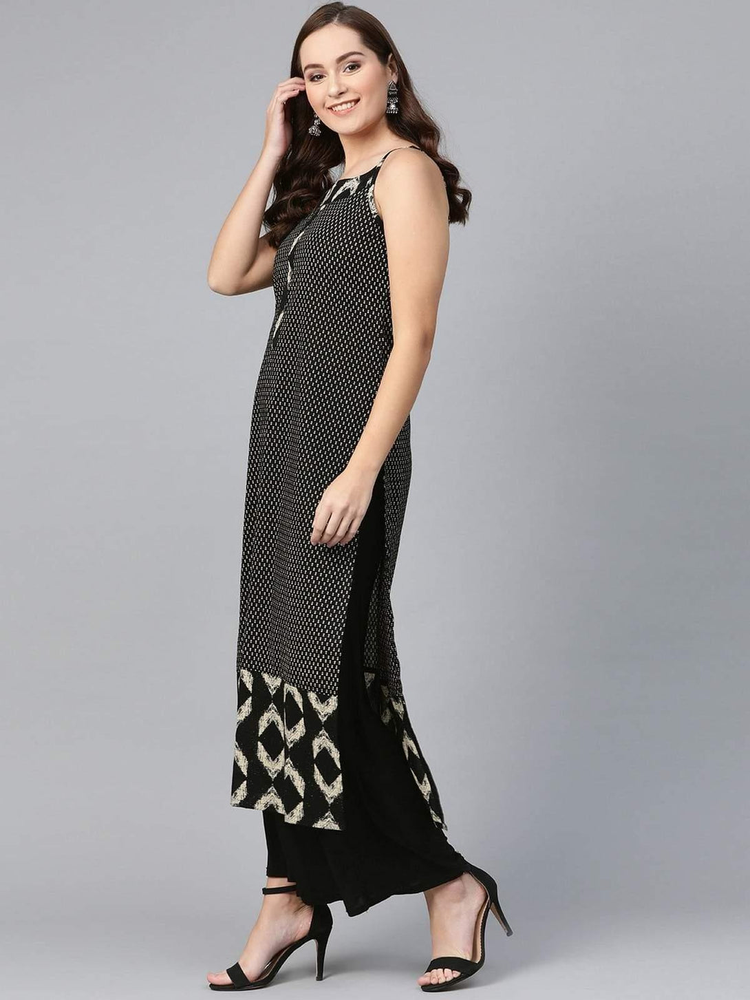 Women's Black Sleeveless Printed Long Kurta - Ready to Ship USA - Indiakreations