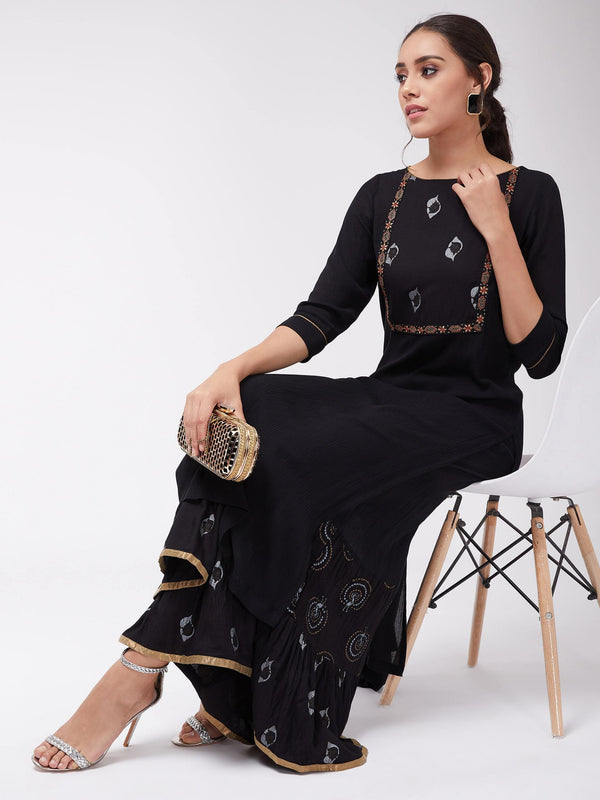 Women's Black Foil Printed Straight Fit Kurta - Pannkh