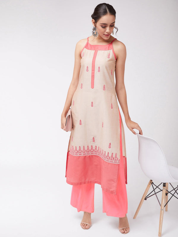 Women's Border Embroidered Strappy Semi-Festive Kurta - Pannkh