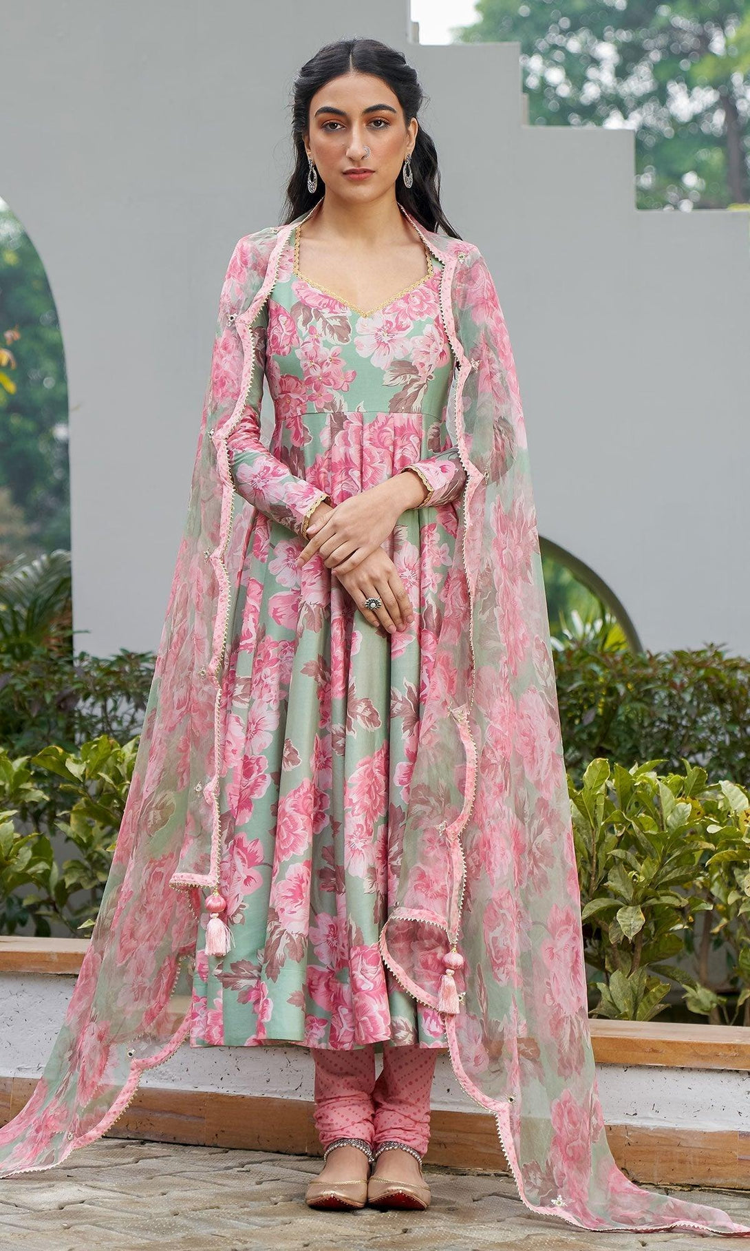 AZRA GREEN FLORAL PRINTED ANARKALI WITH CHURIDAR AND DUPATTA - SET OF 3 - RTS - Indiakreations