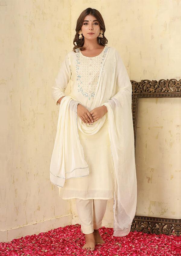 Off-White Modal Silk Kurta Pant With Dupatta Set - Indiakreations