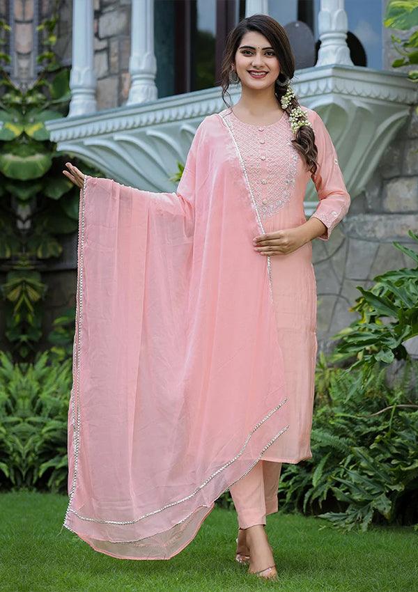 Pink Embroidered Silk Kurta Pant Set With Dupatta - Indiakreations