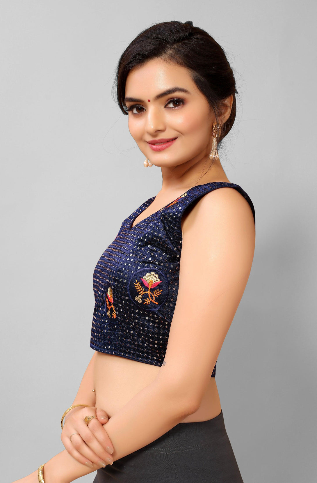 Blue Ready to Wear Padded Blouse with Sequins - Indiakreations