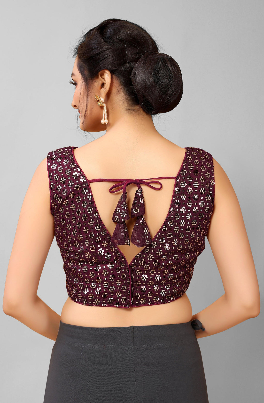 Wine Ready to Wear Net Padded Blouse with Sequins - Indiakreations