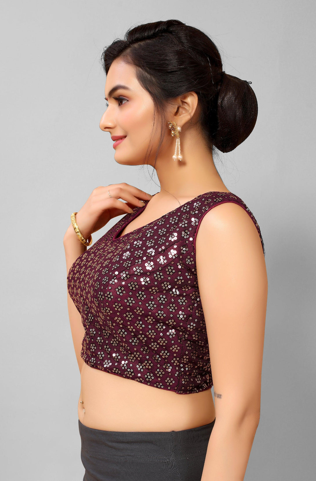 Wine Ready to Wear Net Padded Blouse with Sequins - Indiakreations