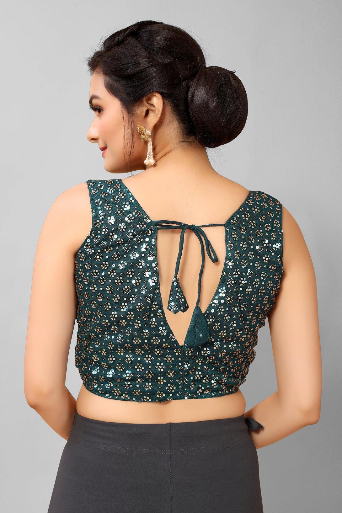 Teal Green Ready to Wear Net Padded Blouse with Sequins - Indiakreations