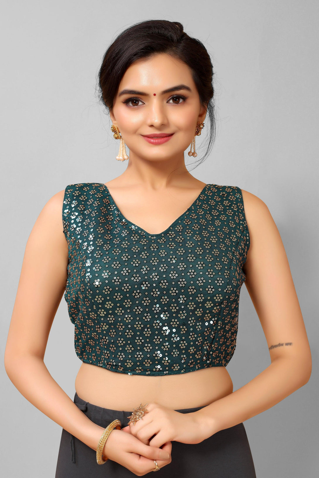 Teal Green Ready to Wear Net Padded Blouse with Sequins - Indiakreations
