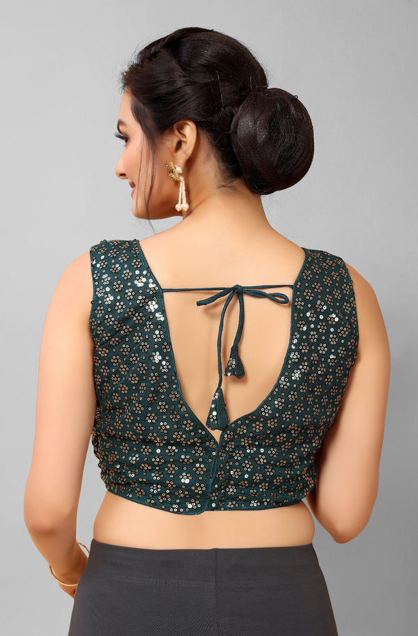 Teal Ready to Wear Net Padded Blouse with Sequins - Indiakreations