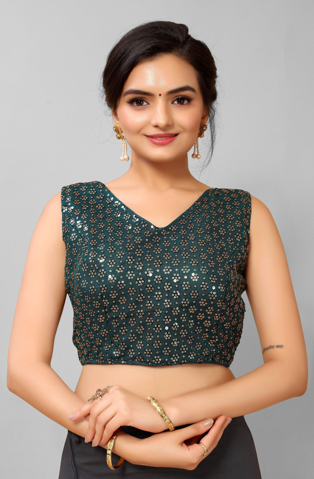 Teal Ready to Wear Net Padded Blouse with Sequins - Indiakreations