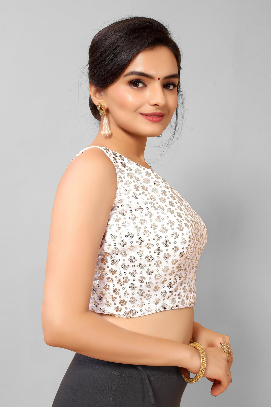 White Ready to Wear Net Padded Blouse with Sequins - Indiakreations