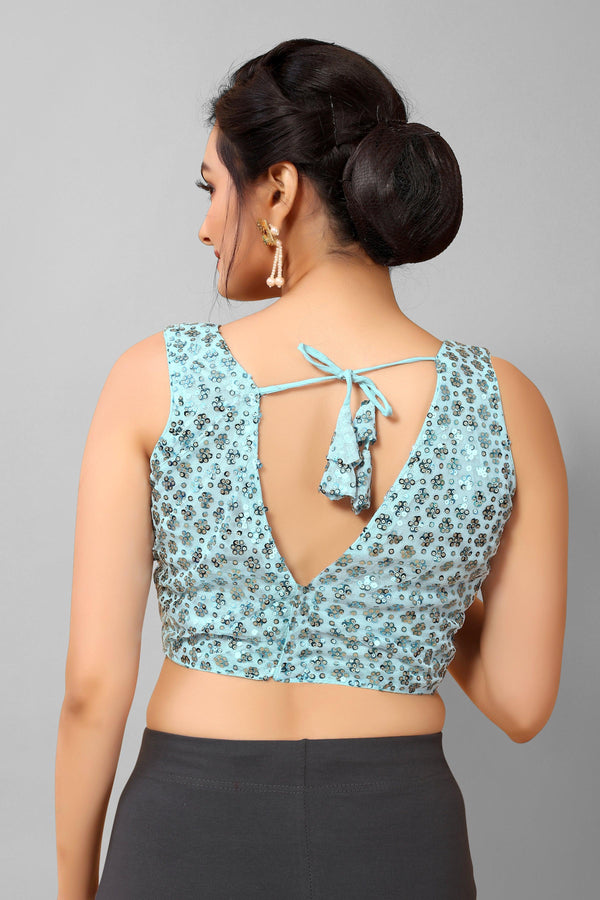 Sky Blue Ready to Wear Net Padded Blouse with Sequins - Indiakreations