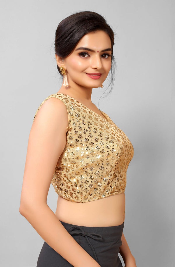 Beige Ready to Wear Net Padded Blouse with Sequins - Indiakreations
