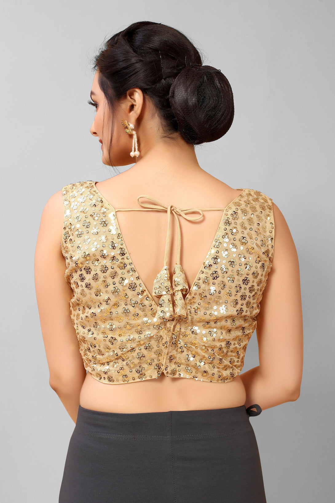 Beige Ready to Wear Net Padded Blouse with Sequins - Indiakreations