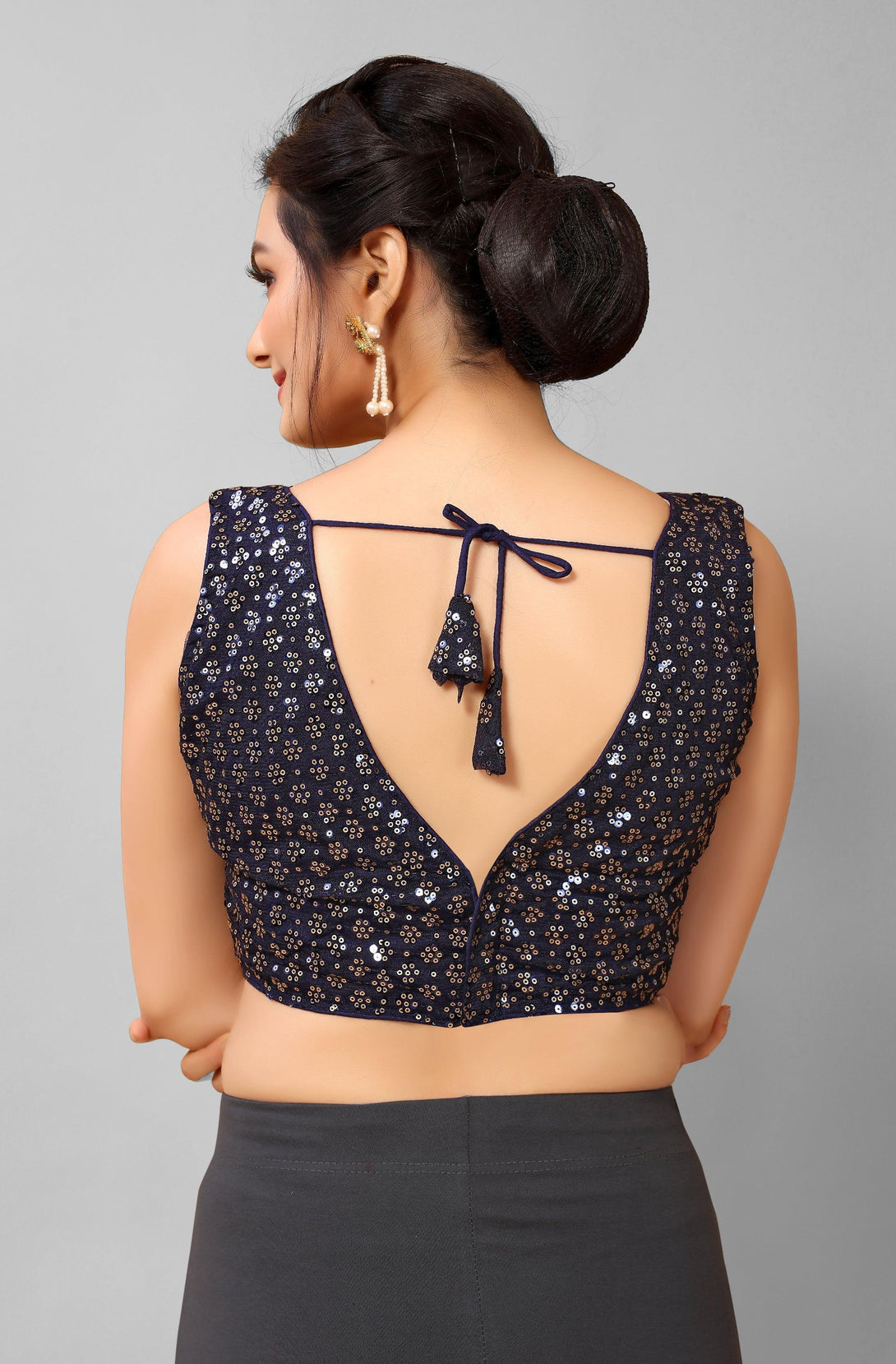 Blue Ready to Wear Net Padded Blouse with Sequins - Indiakreations