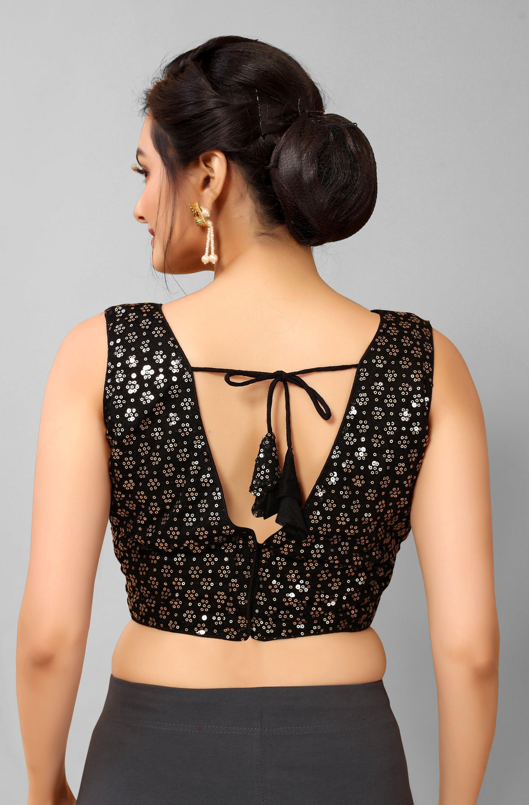 Black Ready to Wear Net Padded Blouse with Sequins - Indiakreations