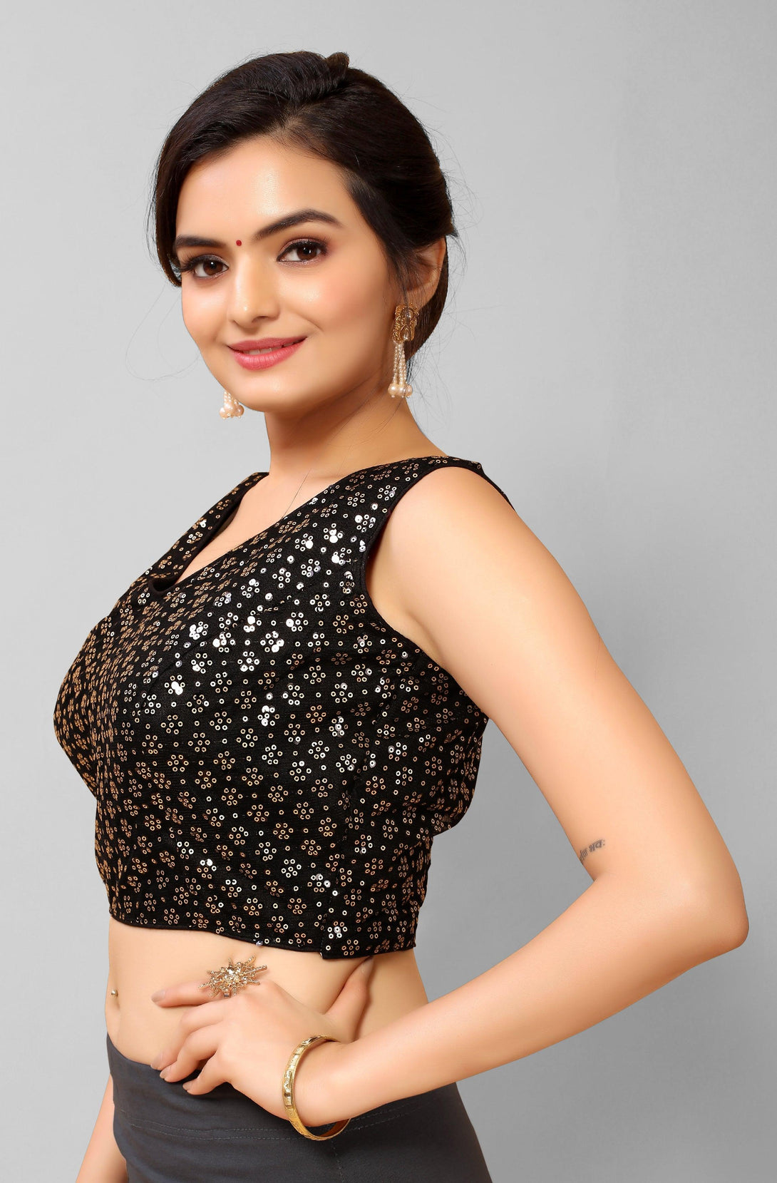 Black Ready to Wear Net Padded Blouse with Sequins - Indiakreations