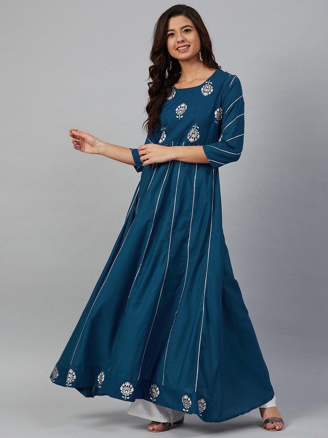 Women's Teal Blue & Silver-Toned Printed Anarkali Kurta - Meeranshi - Indiakreations