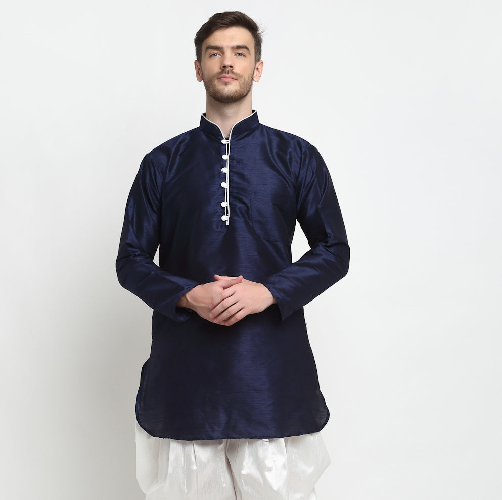 Men's Silk Blend Navy Blue Short Kurta - Benstoke