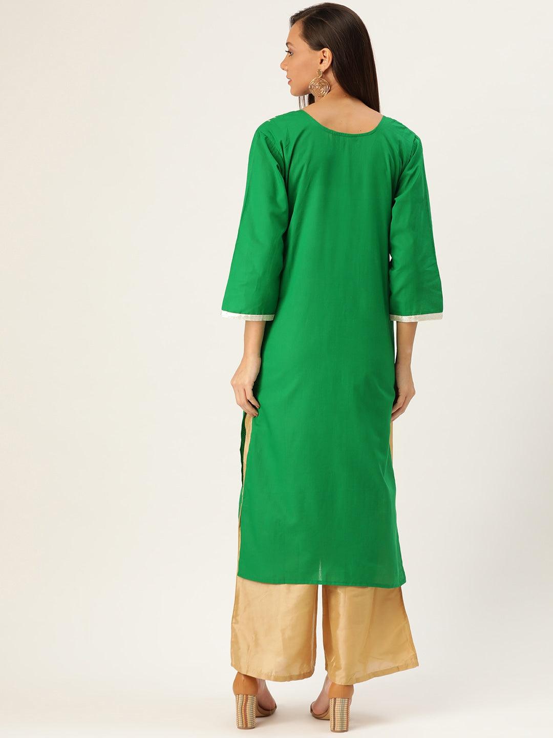 Women's Green & Golden Yoke Design Straight Kurta - Noz2Toz - Indiakreations