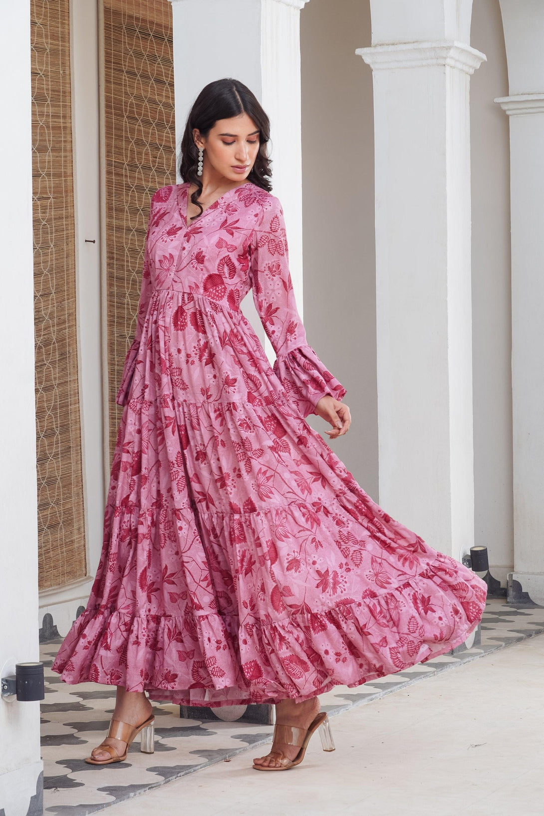 Pink floral frill Maxi - Indiakreations