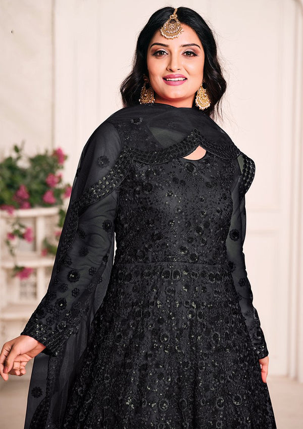 Women's  Black Color Net Embroidered Anarkali Suit - Monjolika