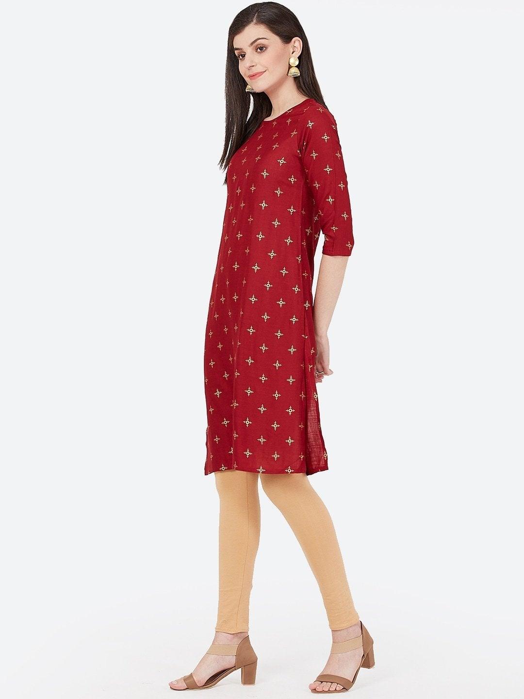 Women's Maroon Printed Straight Kurta - Meeranshi - Indiakreations