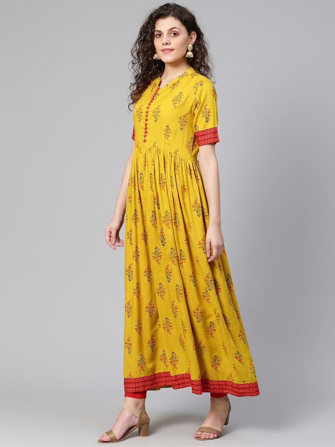 Women's Mustard Yellow & Red Printed A-Line Kurta - Meeranshi - Indiakreations