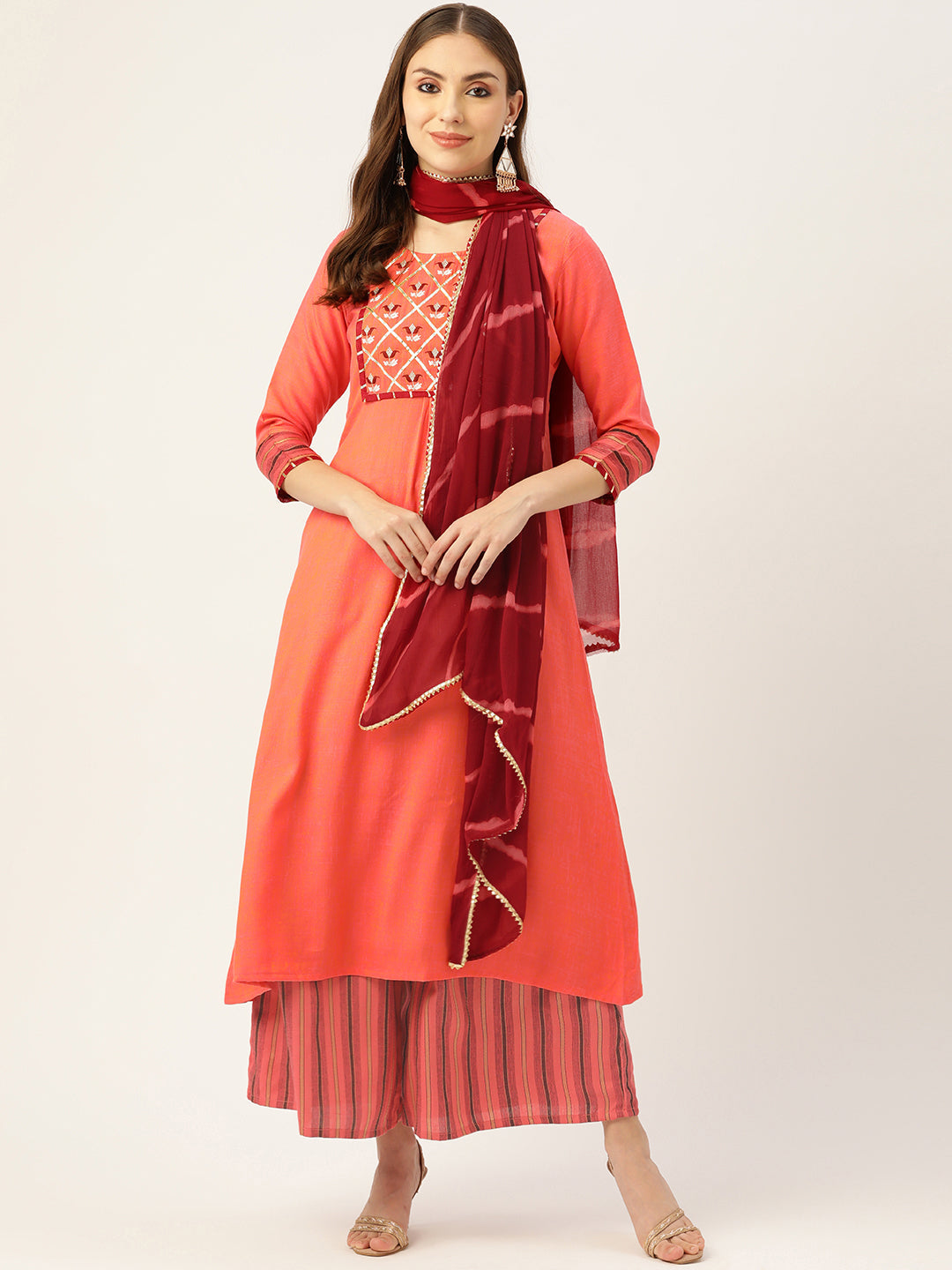 Women's Gajari Color Rayon Blend Embroidered A-Line Kurta Palazzo With Dupatta - Vaaba