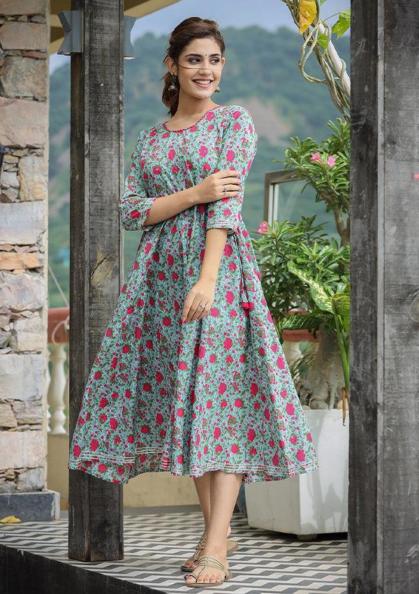 Green Pink Floral Printed Cotton Ethnic Dress - Indiakreations