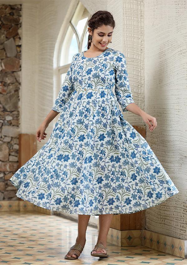 Blue Green Floral Printed Cotton Ethnic Dress - Indiakreations