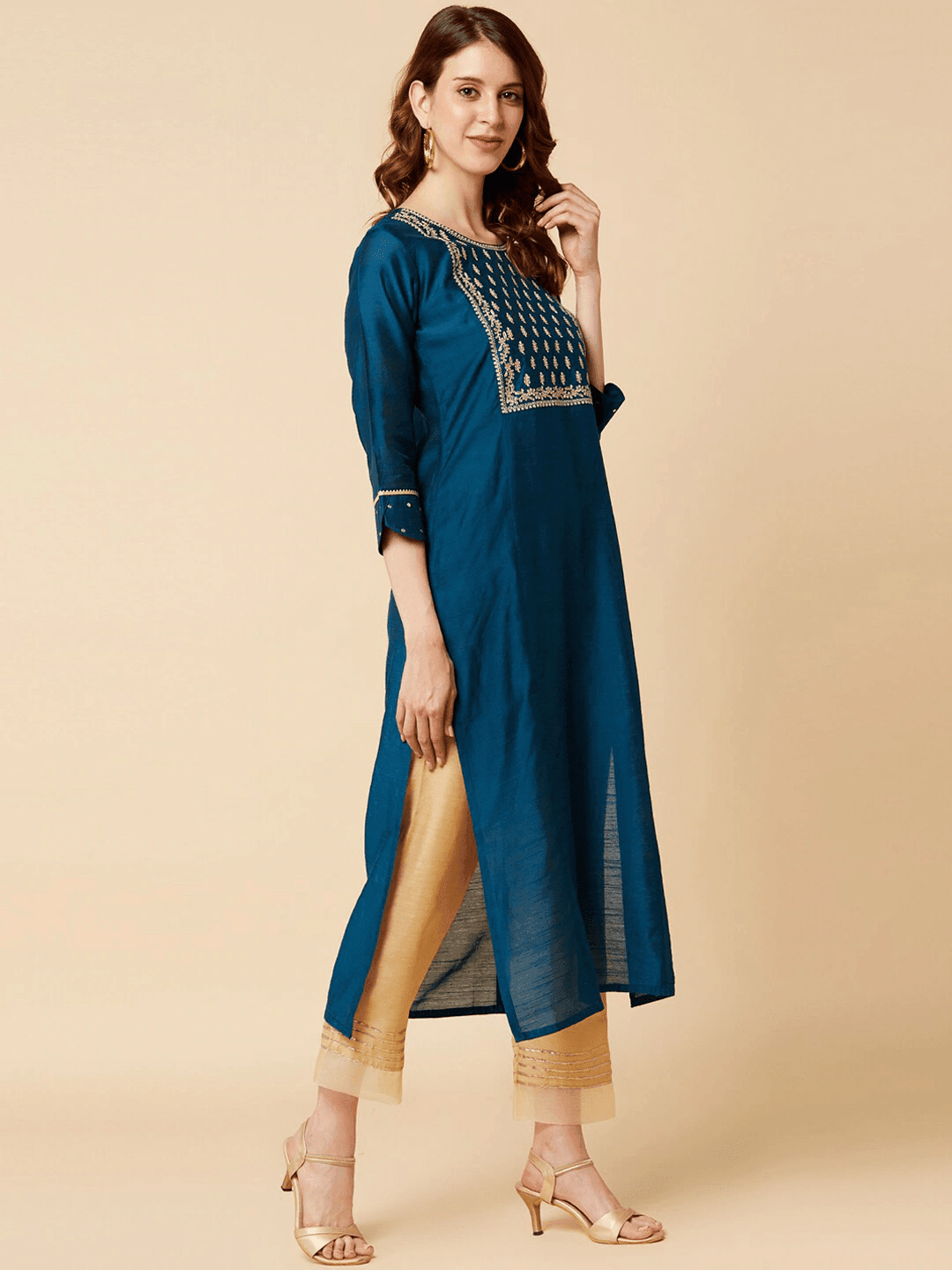 Teal Blue Yoke Design Thread Work Kurta - Indiakreations