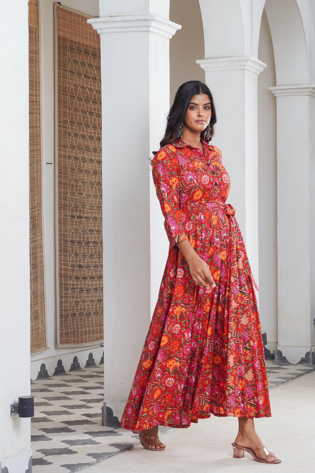 Red hand block shirt collar Maxi - Indiakreations