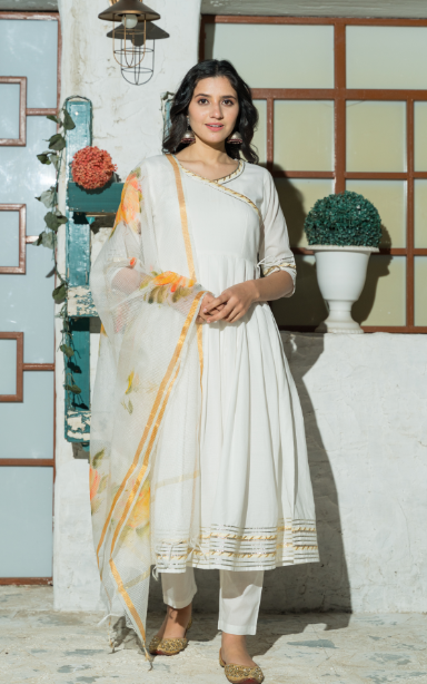 Women's  White flared Cotton Kurta set with hand Painted Doria Dupatta