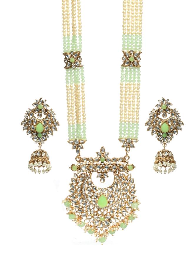 Women's Mint Green Coloured Gold-Plated Kundan-Studded & Beaded Handcrafted Jewellery Set - Jazz And Sizzle - Indiakreations