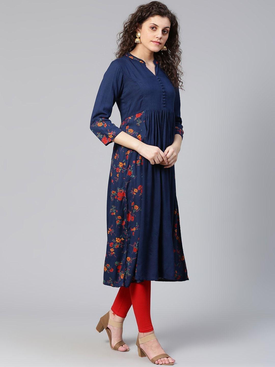 Women's Navy Blue & Red Floral Print Detail A-Line Kurta - Meeranshi - Indiakreations