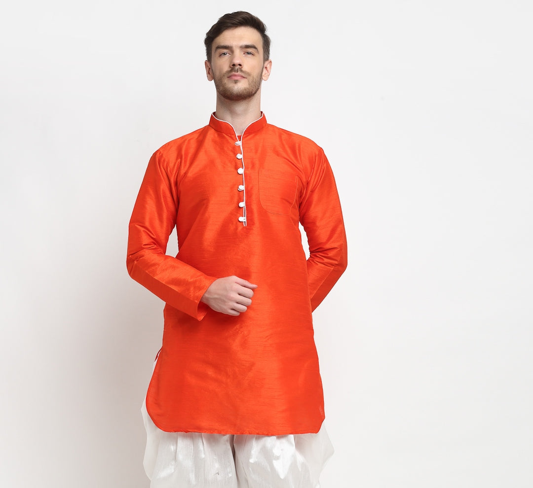 Men's Silk Blend Orange Short Kurta - Benstoke