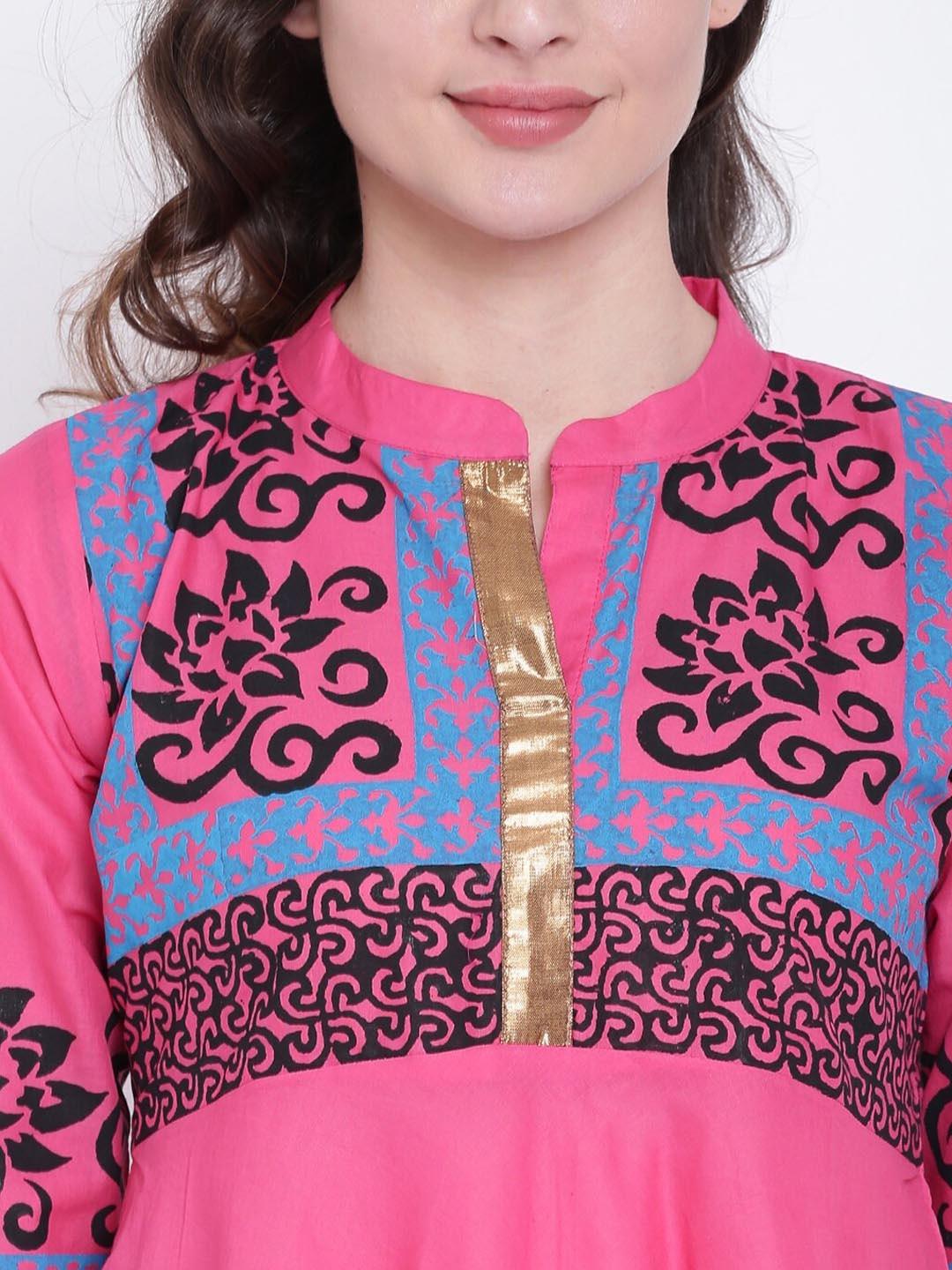 Women's Pink & Blue Ethnic Motifs Printed Cotton Anarkali Kurta - Noz2Toz - Indiakreations