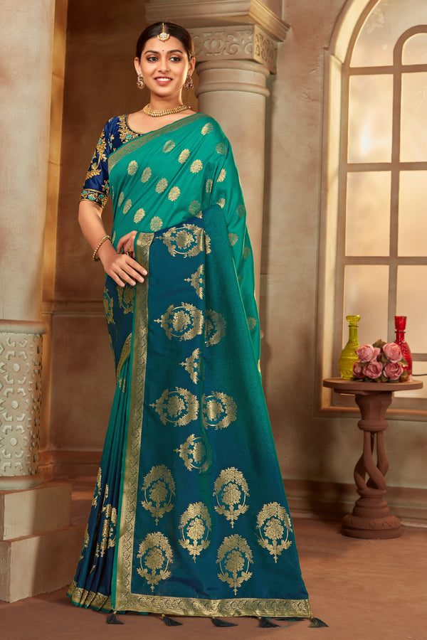 Women's Multi Color Banarasi Silk Woven Tradtional Saree With Heavy work Blouse - Monjolika