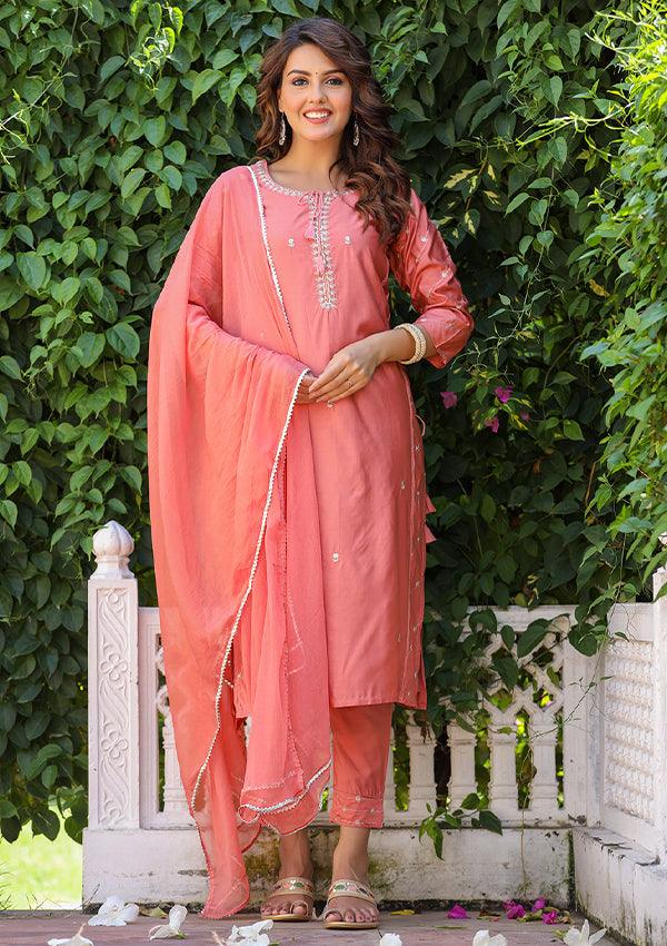 Rust Modal Silk Kurta Pant Set With Dupatta - Indiakreations