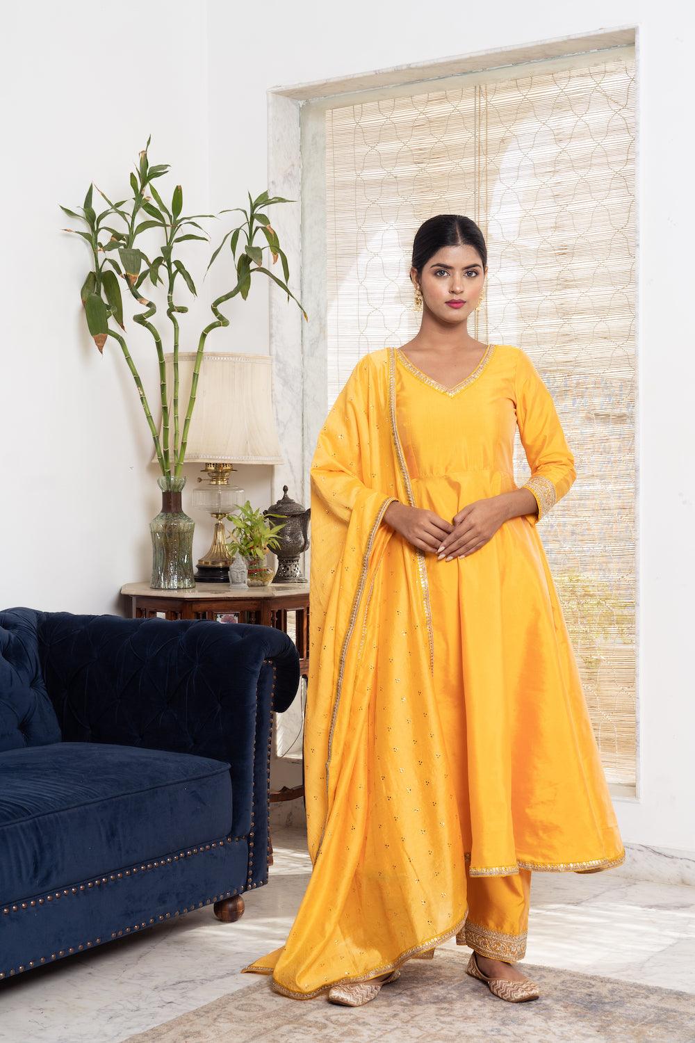 Khwabidah Mustard Anarkali Set of 3 - Indiakreations