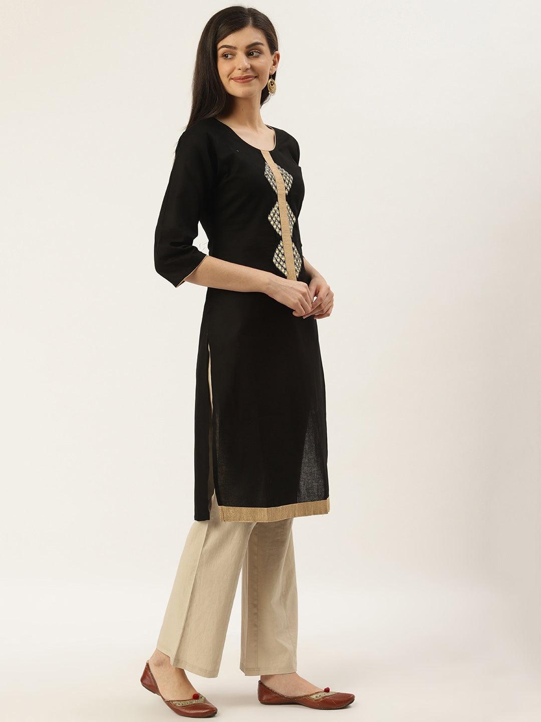 Women's Black & Golden Embroidered Detail Straight Kurta - Noz2Toz - Indiakreations